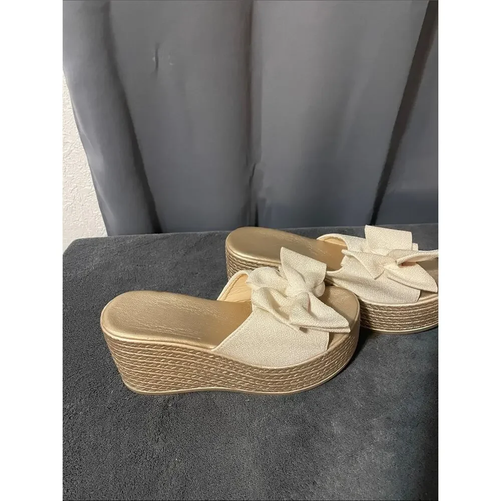 Women's Cream Platform Slide Sandals with Decorative Bow